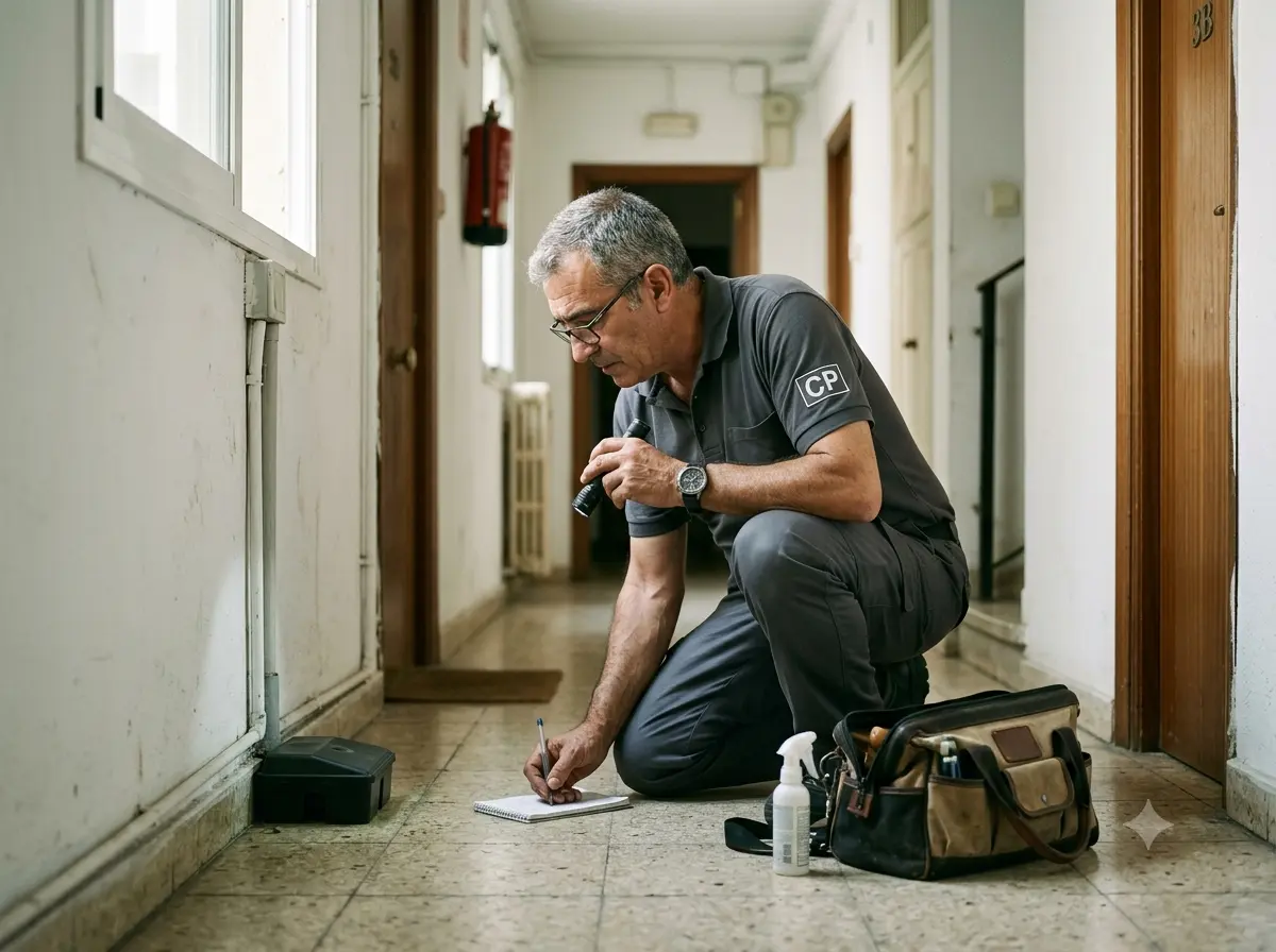 Profesional del control de plagas inspeccionando una vivienda en Carabanchel